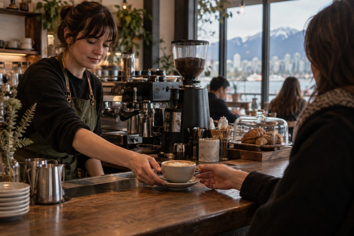 Hands preparing coffee at a working brewing station