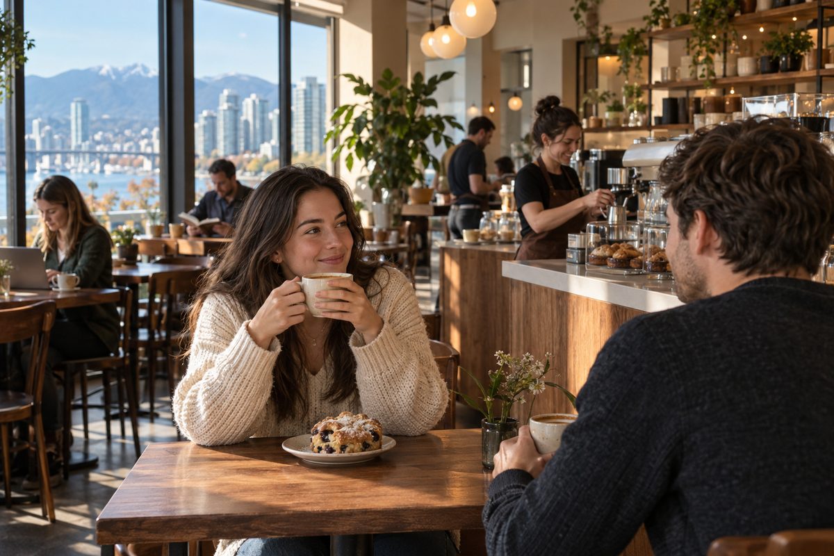 Coffee room with a ceramic cup on a wooden table and a worker behind the counter