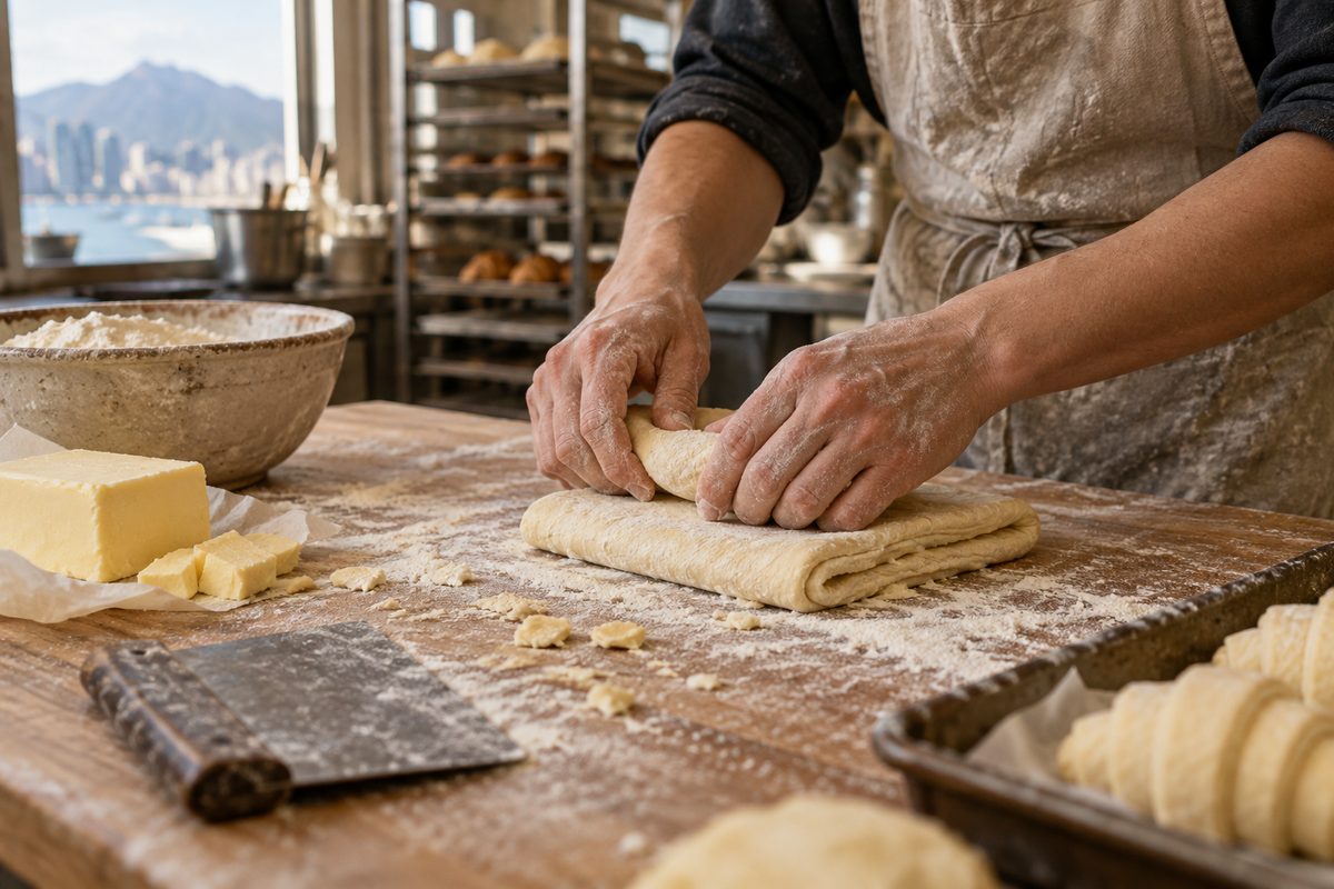 Flour-dusted hands shaping dough on a bakery work surface