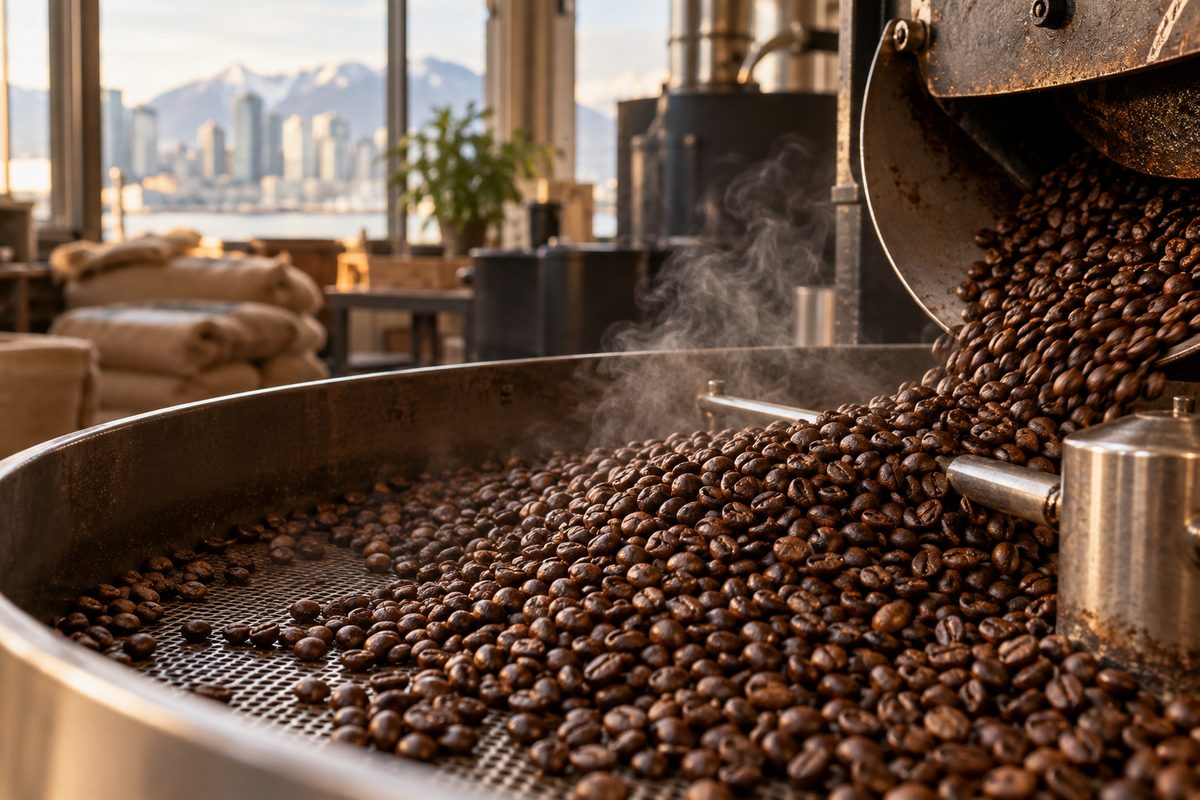 Roasted coffee beans in a metal scoop on a wooden bench
